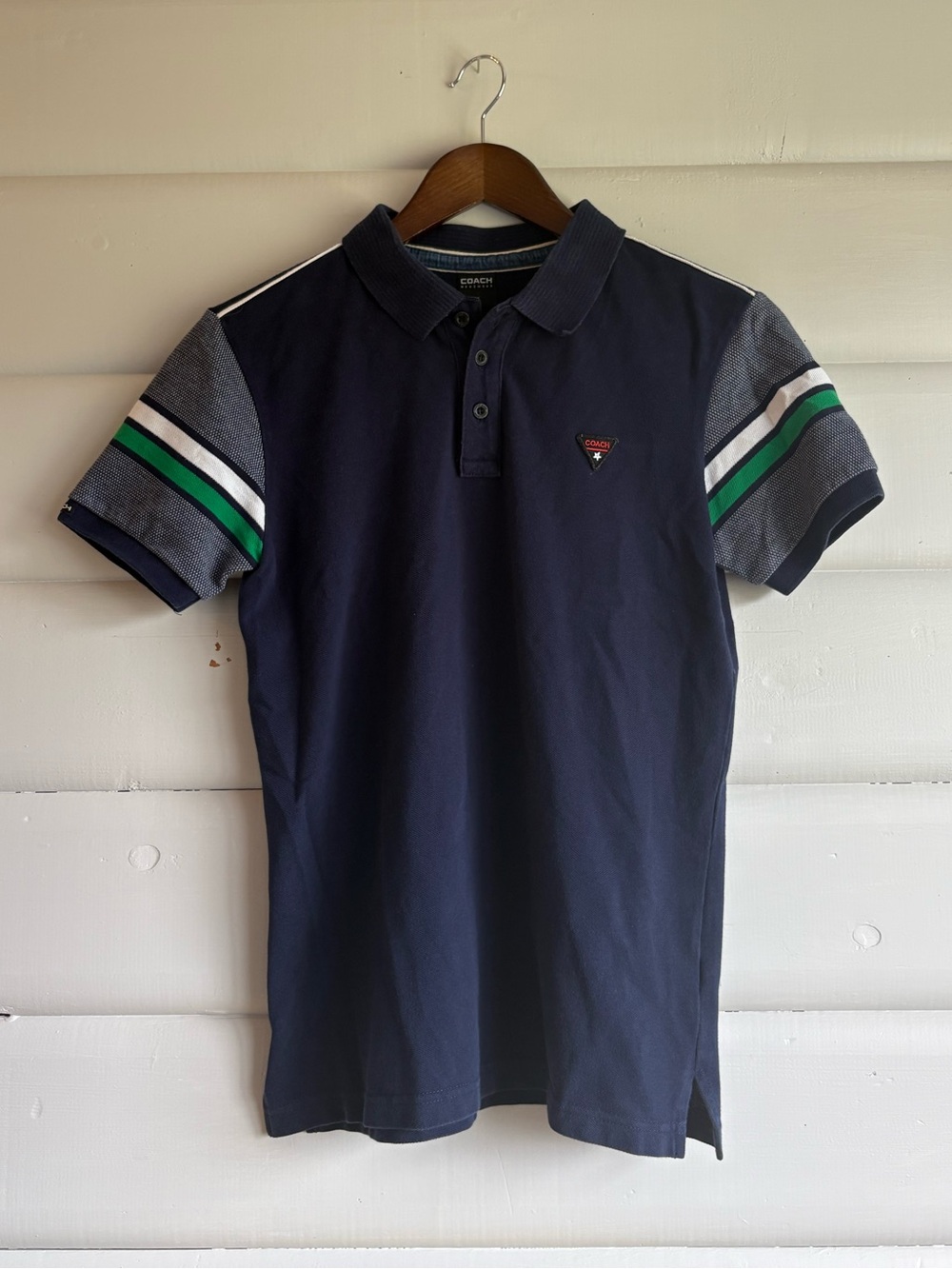 Coach Menswear Pine Blue Signature Polo Shirt Striped Sleeves Size M
